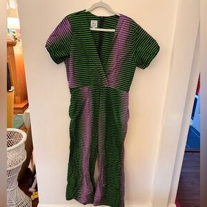 YEVU Funky Stripe Pattern Green & Purple Jumpsuit  XL